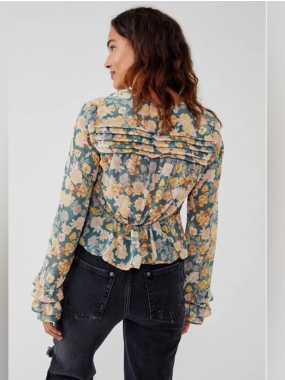 Free People Maybel Blouse Green Floral Ruffle Tie-Front Top Pink & Yellow Blooms - Picture 5 of 15